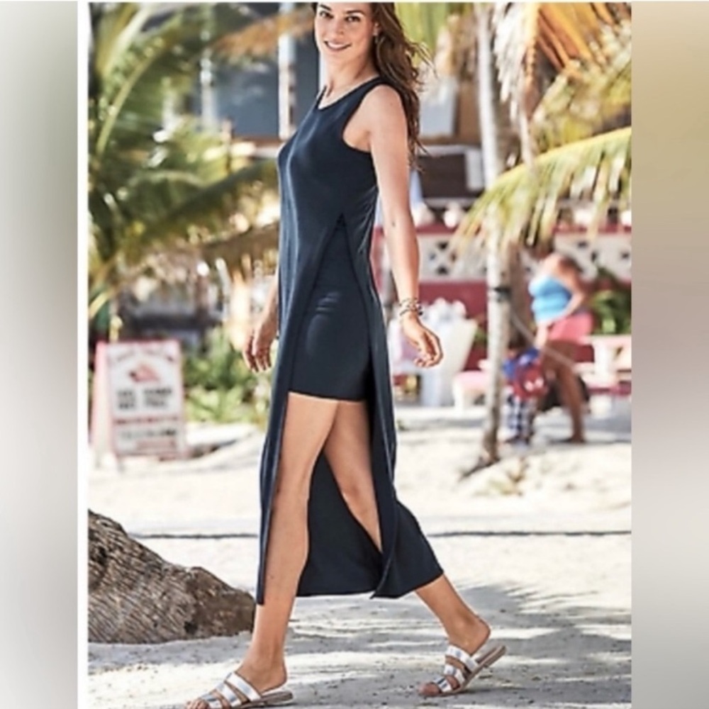 Athleta Gaia Layered Maxi Dress Heather  Lounge Side Slit Sleeveless